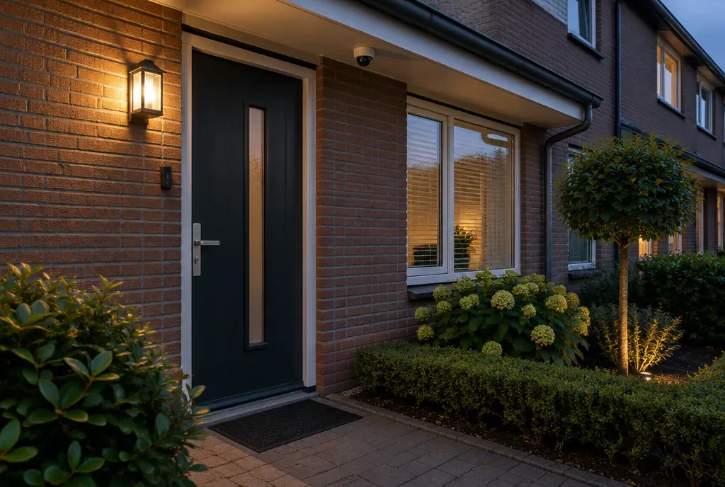 De voordeur van een rijtjeshuis met een stevig slot, buitenlamp en camera.