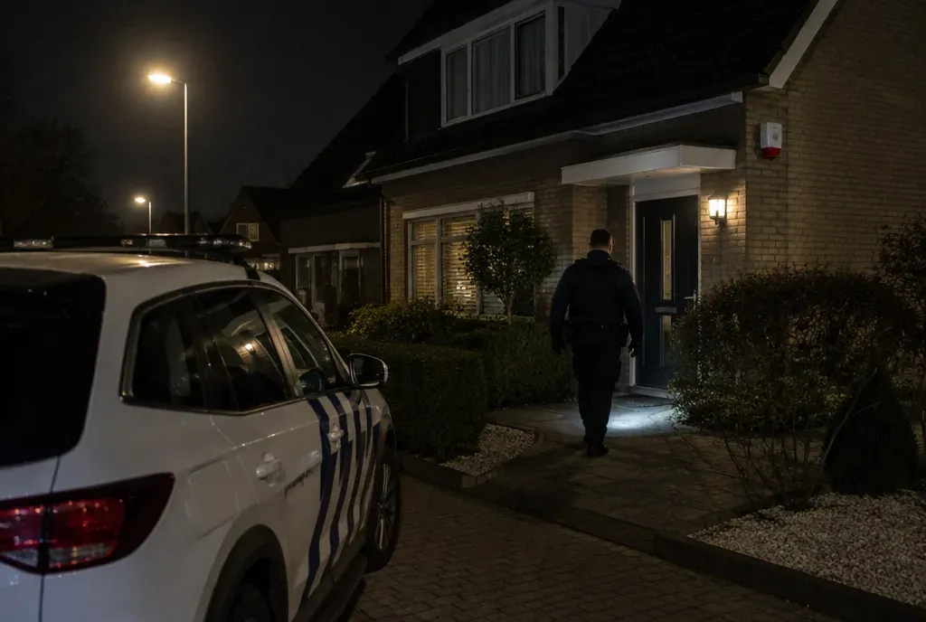 Een beveiliger loopt 's avonds met een zaklamp naar een woning na een alarmmelding.