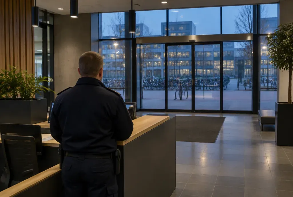 Een beveiliger staat bij de receptie in de hal van een kantoorpand.